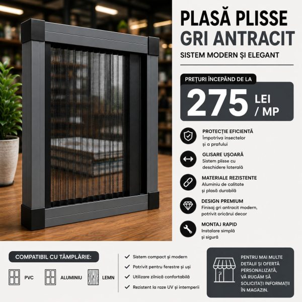 Plasa Plisse gri antracit premium