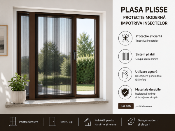 Plasa plisse maro RAL 8014 cu profil aluminiu și plasă gri antracit