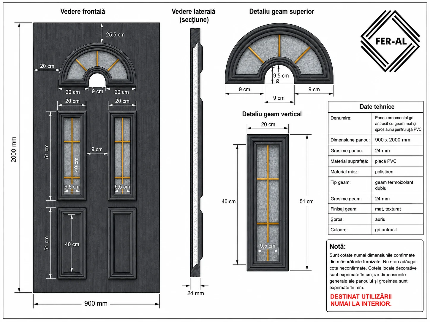 Panou ornamental gri antracit cu arcadă, 2 geamuri mate și șpros auriu – 900 × 2000 × 24 mm