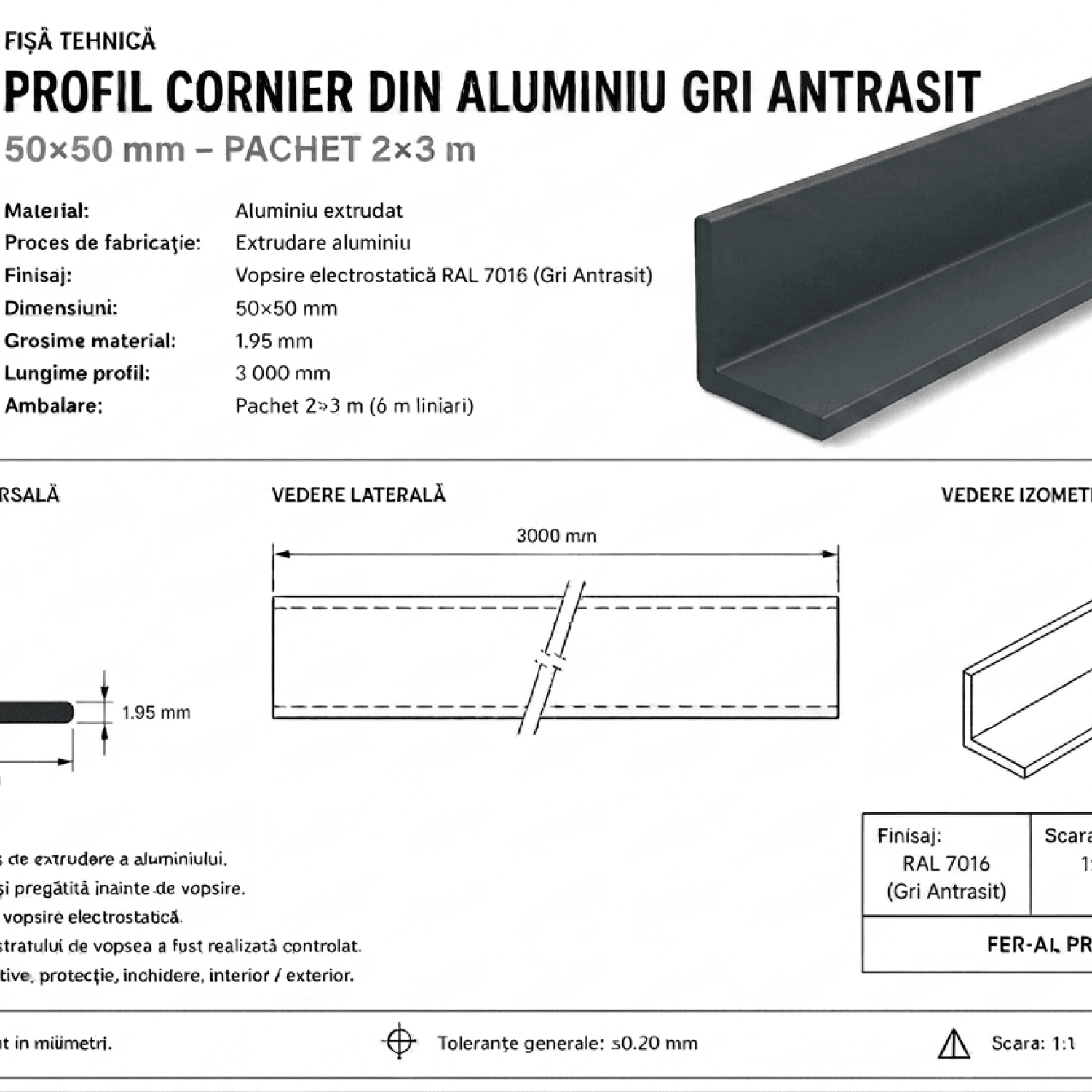 Fișă tehnică profil RAL 7016 50 × 50 mm grosime 1,95 mm