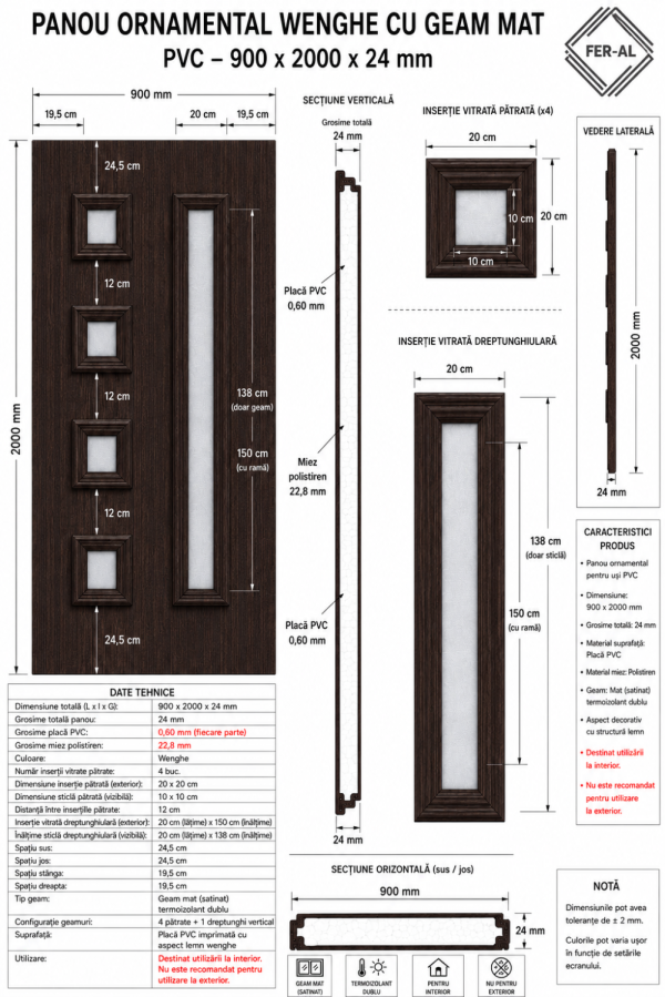 Panou ornamental wenghe cu geam mat – 900 × 2000 × 24 mm - imagine 2
