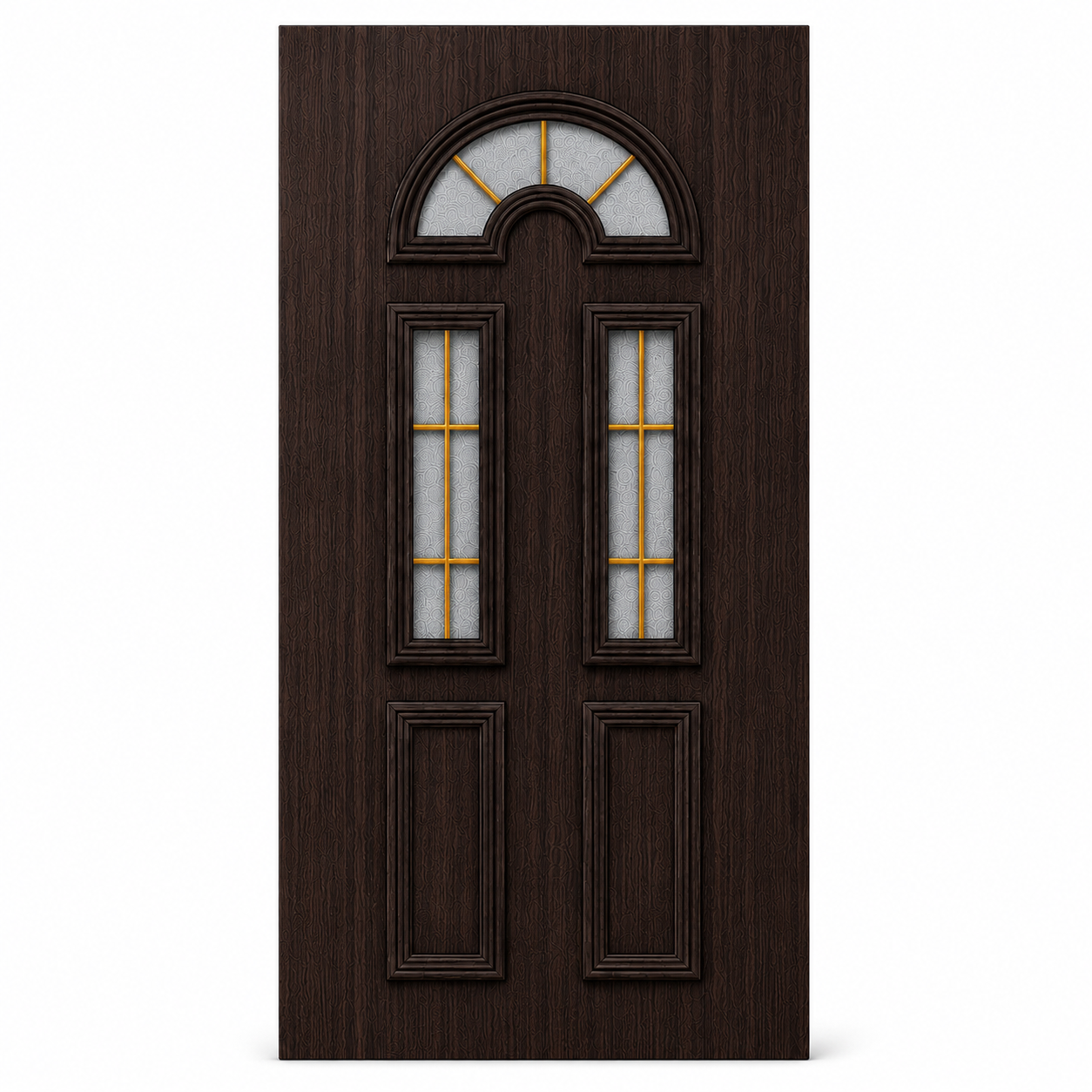 Panou wenghe model arcadă – 900 × 2000 × 24 mm Panou wenghe model arcadă cu geam mat și șpros auriu